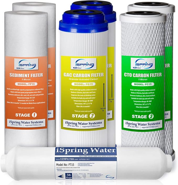 iSpring US31 Classic 3-Stage Under Sink Water Filtration System & F7-GAC for Standard 5-Stage Reverse Osmosis RO Systems 1-Year Replacement Supply Filter Cartridge Pack Set, 7 Count, White
