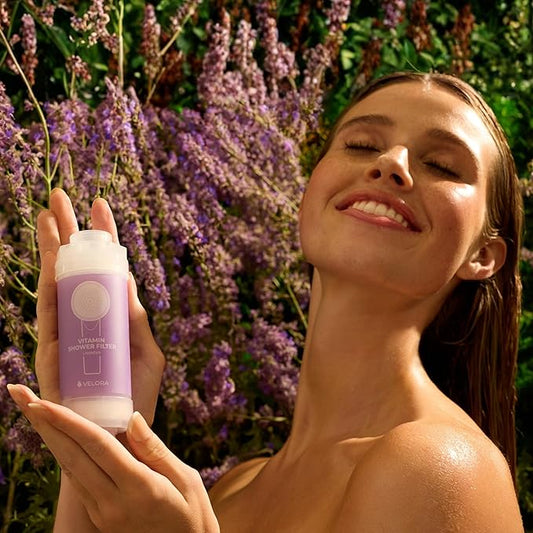 VELORA Vitamin C Shower Filter - Lavender-Scented Aromatherapy Shower Water Filter and Softener - Universal Showerhead Bathroom Attachment - Replenish Dry Skin, Soften and Nourish Hair