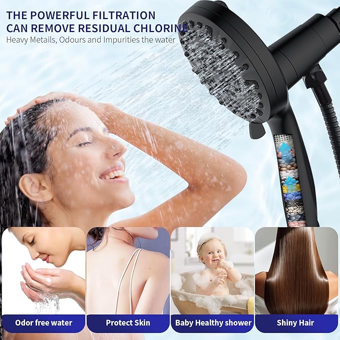 Filtered Shower Head with Handheld - 9 Spray Modes High Pressure Handheld Shower with Filter Spray Combo, Magnetic Shower Heads, With 60-Inch Long Hose（Matte black）