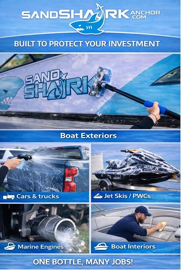 SandShark Premium 2-in-1 Salt Remover & Engine Flush Boat Cleaner – pH-Balanced Formula for Exterior Washing & Engine Flushing, Multi-Surface Marine & Powersports Cleaner, 32 oz