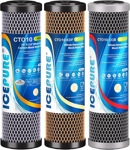 ICEPURE 3-Stage 2.5" x 10" Whole House CTO Activated Carbon Water Filter Set, Activated Carbon Block, KDF Cartridge and Upgraded Activated Carbon Heavy Metal Remove Filter Replacement Kit, Pack of 1