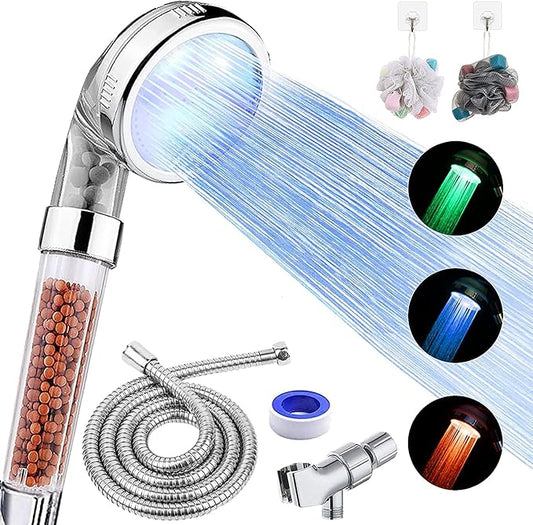 FASTRAS LED Shower Head with Handheld, High Pressure Shower Head with Hose, Holder & PTFE Tape etc, 3 Water Temperature-Controlled Water Saving Filtered Shower Head for Dry Hair& Skin