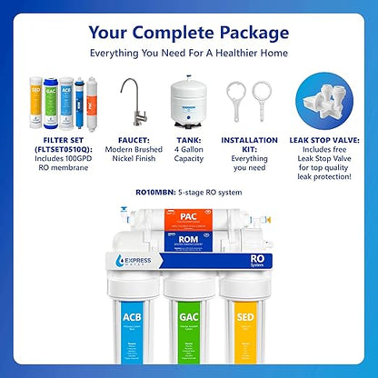 Express Water Reverse Osmosis Water Filtration System – 5 Stage RO Water Filter System with Faucet and Tank – Under Sink Water Filter – 100 GPD