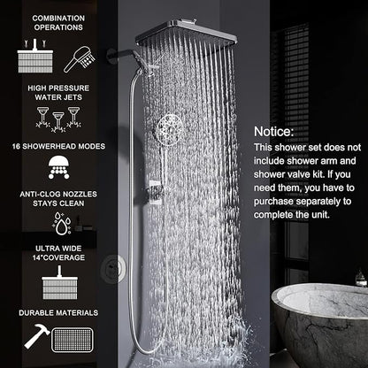 Dual shower Head with Handheld and Filter-14'' Rainfall ShowerHead,High Pressure Handheld Shower Head with Filters for Hard Water,7Spray with Power Wash,3-Way Setting for Couple Bathroom