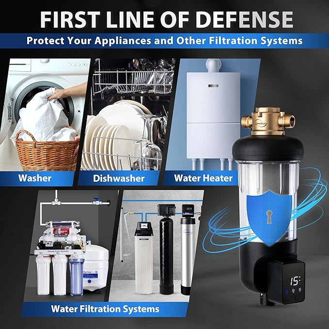 iSpring WSP50J Reusable Whole House Spin-Down Sediment Water Filter, Upgraded Jumbo Size, Large Capacity, 50-Micron Flushable Prefilter Filtration, 1" MNPT + 3/4" FNPT, Lead-Free Brass