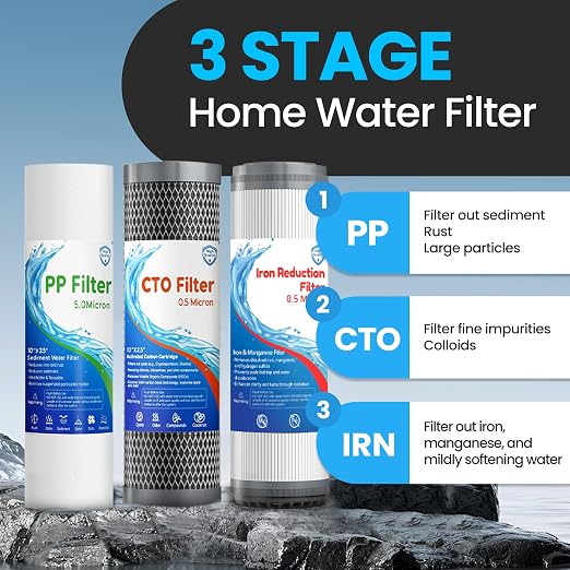Whole House Water Filter System, 3-Stage Iron & Manganese Removal | Water Softener System,Includes Extra 2 Set Filters,Reduces Iron, Chlorine, Sediment, Rust, Taste & Odor,3/4" Ports