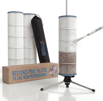 CYCLONE FILTER CLEANER – Patented Hose-Powered Spinning Pool Cartridge Filter Cleaning Tool with Stand & Spray Wand – Cleans 5X Faster – Fits 3”, 4”, 6” ID Filters