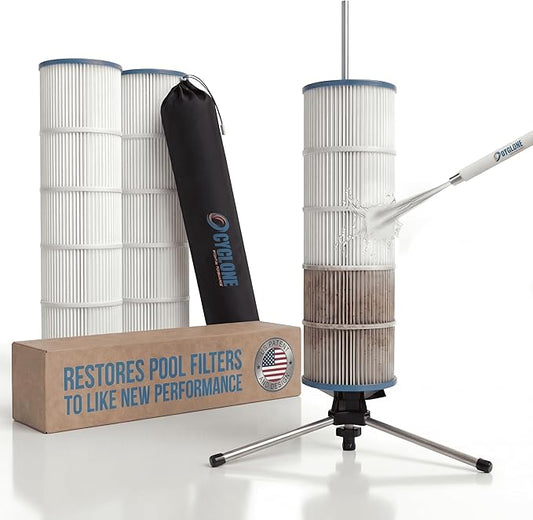 CYCLONE FILTER CLEANER – Patented Hose-Powered Spinning Pool Cartridge Filter Cleaning Tool with Stand & Spray Wand – Cleans 5X Faster – Fits 3”, 4”, 6” ID Filters