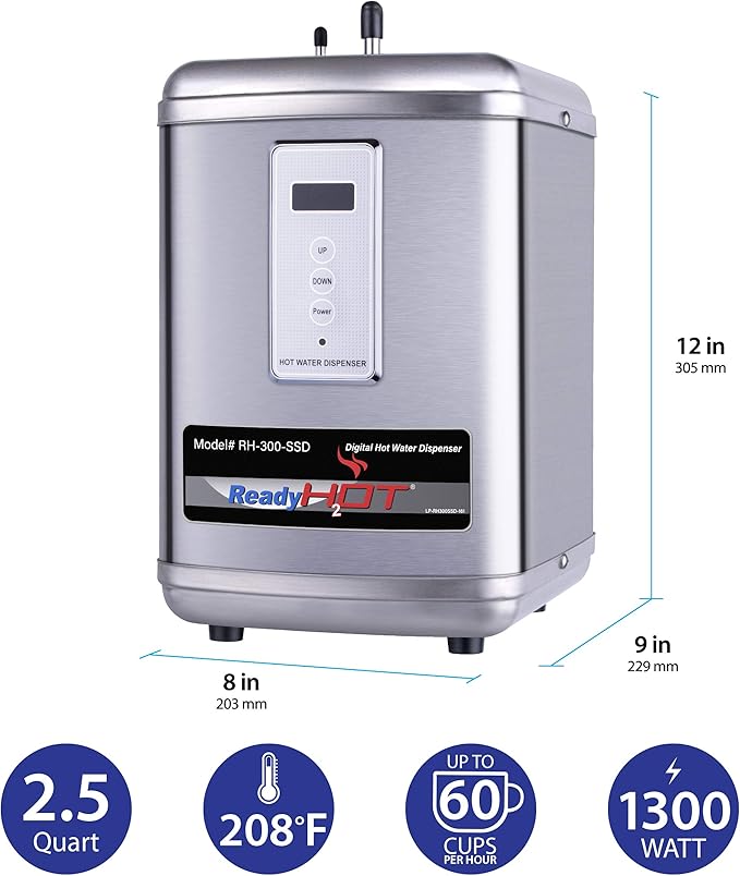 Ready Hot 41-RH-300-F570-BN Instant Hot Water Dispenser System, 2.5 Quarts, Digital Display Single Lever Hot Water Faucet Brushed Nickel