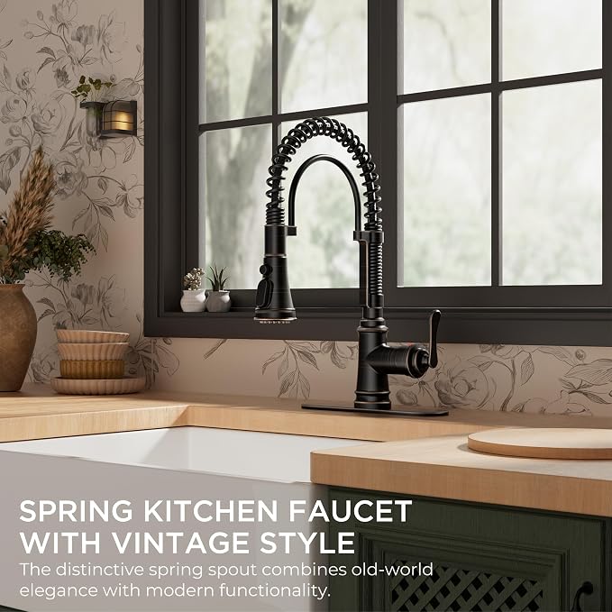 FORIOUS Kitchen Faucet with Pull Down Sprayer, Oil Rubbed Bronze, Stainless Steel Single Handle Spring Antique Kitchen Sink Faucet with Deck Plate, Sutiable for Farmhouse, RV, Camper, Wet Bar