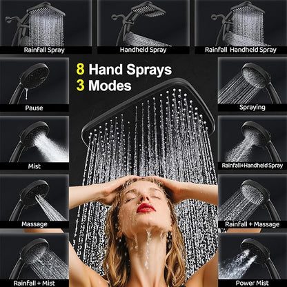 Rain Shower Head with Handheld High Pressure rainfall Shower Heads with Handheld Spray Combo Adjustable one-piece stand daul shower head Built-in Magnetic Docking and Power Jets-Black