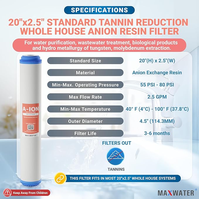 Max Water Slim Blue 20" x 2.5" Whole House Tannin Reduction Water Resin (for Tannins Only) Replacement Anion Filter Compatible with 20" Slim Blue Whole House Systems