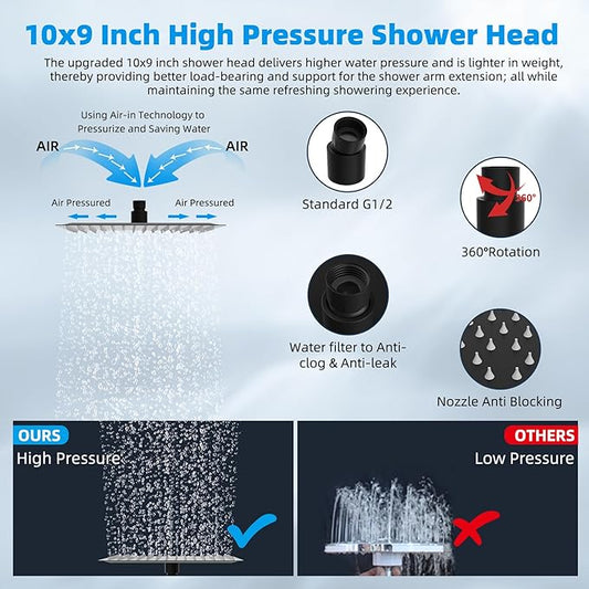 Hibbent All Metal Rain Filtered Shower Head, 10'' High Pressure Rainfall Showerhead with 16" Shower Head Extension Arm, 20 Stage Shower Filter, Solid Brass Adjustable Shower Arm Extender, Matte Black