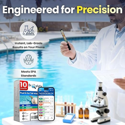 10-in-1 Pool & Spa Water Test Kit with App, Hot Tub, Saltwater, Chlorine, Cyanuric Acid, Alkalinity, Hardness, pH, Nitrate, Sulfate, Digital Water Quality Testing Strips (DXPOOL-R10-S10)
