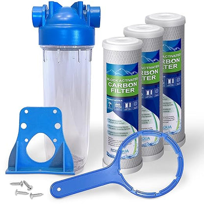 10 Inches European Design Transparent Standard Whole House Water Filter System with Presser Relief Valve, 3/4” Inlet/Outlet Brass Port and Yearly Supply (3) Block Activated Carbon Cartridges 5 Micron