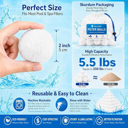 Upgrade 5.5 Lbs Pool Filter Balls for Sand Filter, Reusable Pool Sand Filter Balls, Eco-Friendly Pool Filter Media Balls for Swimming Pool, Aquarium Tank (Equal 250 LB Pool Filter Sand, White)