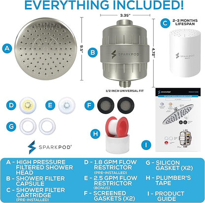 SparkPod Luxury Filtered Shower Head Set 23 Stage Shower Filter - Reduces Chlorine and Heavy Metals - High Pressure Showerhead Filter (9.5" Round, Elegant Brushed Nickel)