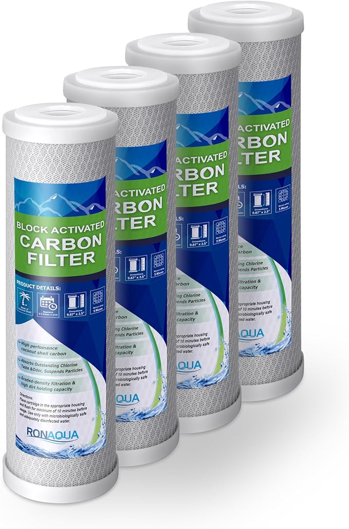 Block Activated Carbon Coconut Shell Water Filter Cartridge 5 Micron for RO & Standard 10” Housing WELL-MATCHED with WFPFC8002, WFPFC9001, WHCF-WHWC, WHEF-WHWC, FXWTC, SCWH-5 (4 Pack)