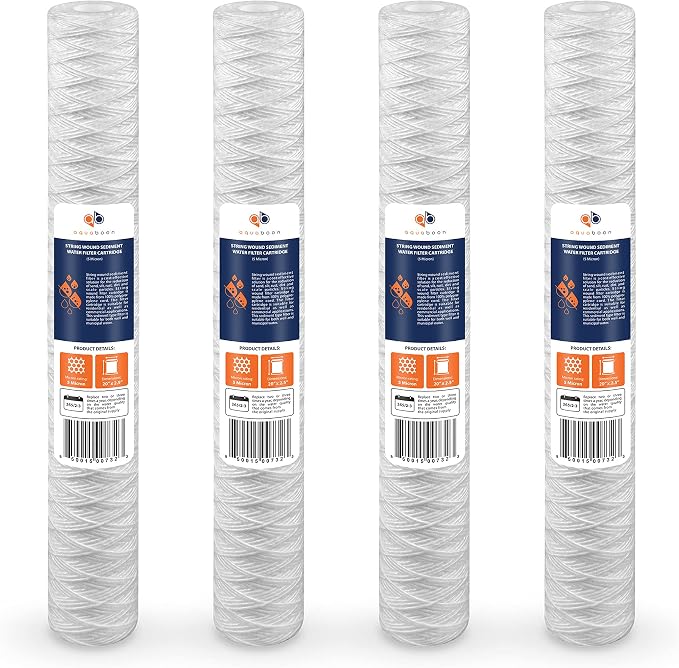 Aquaboon 5 Micron 20 x 2.5 Whole House String Wound Water Filter Replacement Cartridge for Well Water Filtration Compatible with WP5BB20P, 4-Pack