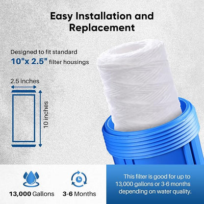 PUREPLUS 50 Micron 10"x2.5" Whole House String Wound Sediment Filter for Well Water, Replacement Cartridge for Universal 10 inch RO System, WP-5, AP110, CFS110, Culligan P5, WFPFC4002, 6Pack