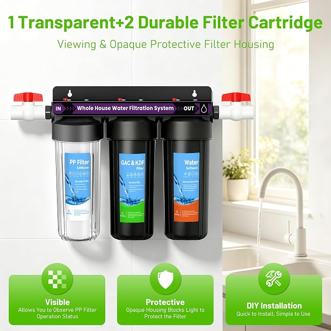 3 Stage Whole House Water Filter System, Water Softener System, Extra 2 Sets of Water Filter Replacement, Reduces Heavy Metal, Chlorine Oder, Taste, 10"x2.5", 3/4" Ports with 2 Valves