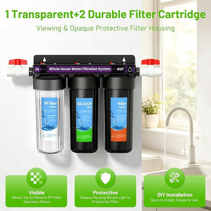 3 Stage Whole House Water Filter System, Water Softener System, Extra 2 Sets of Water Filter Replacement, Reduces Heavy Metal, Chlorine Oder, Taste, 10"x2.5", 3/4" Ports with 2 Valves