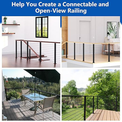 2 Pack 36" T304 T-drilled Cable Railing Corner Post(Post 35"x2"x2"), Modular Three Sides Wire Railing Post with Cable Grommets, Fixed Top Mount Stainless Steel Black Finish Deck Staircase Post