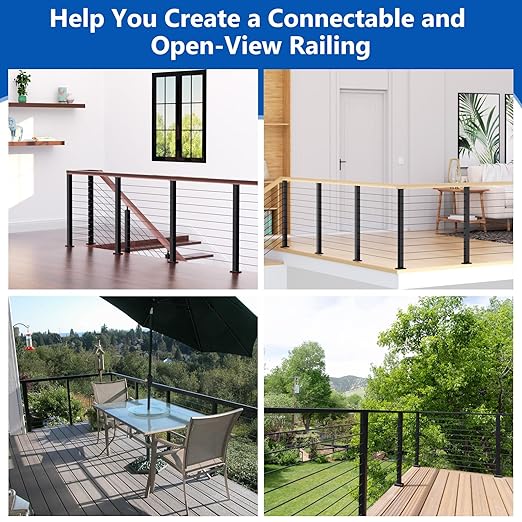 36" T304 T-drilled Cable Railing Corner Post(Post 35"x2"x2"), Modular Three Sides Wire Railing Post with Cable Grommets, Fixed Top Mount Stainless Steel Black Finish Deck Staircase Post