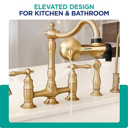 PUR Plus Faucet Mount Water Filtration System with Lead Reducing Mineral Core Faucet Filter, Water Filter that Attaches to Kitchen Sink, Horizontal, Brass, PFM410F