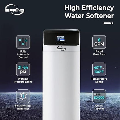 iSpring Whole House Water Softener System, 50,000 Grain High Capacity Removes Hardness with Automatic Backwash and Low Salt Alarm, Hardness & Scale Reduction in House and Commercial Water Use, WCS50KG