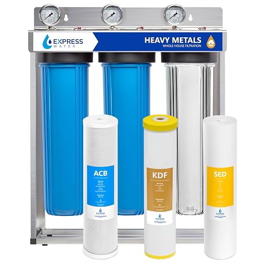 Express Water Whole House Water Filter System for Heavy Metals, 3 Stage Water Purifier Whole Home, KDF Heavy Metal Filter Targets Lead, Arsenic, Chromium, with Stainless Steel Frame & Pressure Gauges