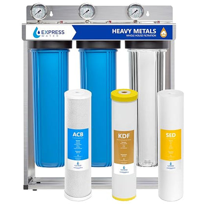 Express Water Whole House Water Filter System for Heavy Metals, 3 Stage Water Purifier Whole Home, KDF Heavy Metal Filter Targets Lead, Arsenic, Chromium, with Stainless Steel Frame & Pressure Gauges