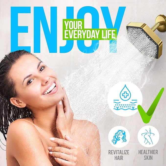 AquaHomeGroup Luxury Rain Shower Head with Filter - Reduces Chlorine, Rust and Sediment - Vitamin C E and A - High Pressure - Spa Effect - Golden