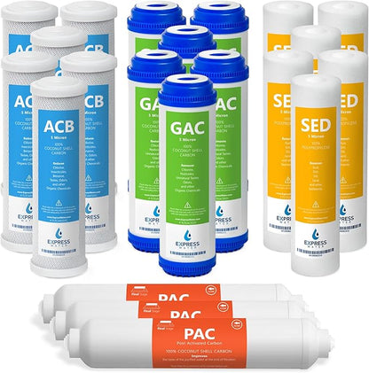 Express Water 3 Year Reverse Osmosis System Replacement Filter Set 21 Filters, Carbon GAC, ACB, PAC, Sediment SED 10 inch Size