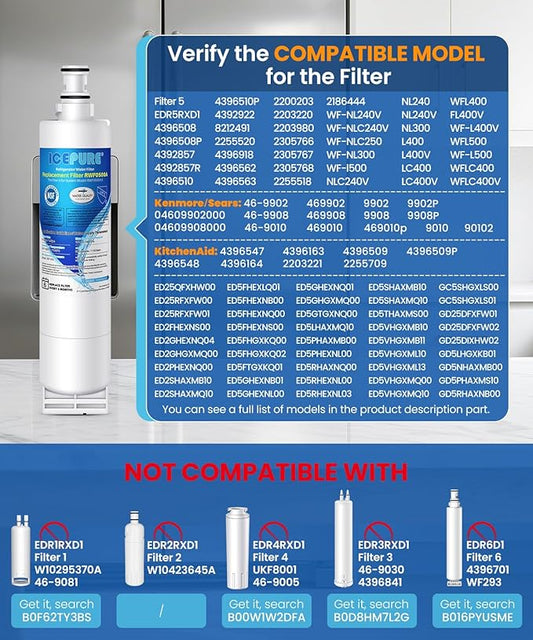 ICEPURE 4396508 Refrigerator Water Filter Replacement for Whirlpool EDR5RXD1, EveryDrop Filter 5, PUR W10186668, NLC240V, 4396510, 4396508P, 4392857, RWF0500A 5PACK