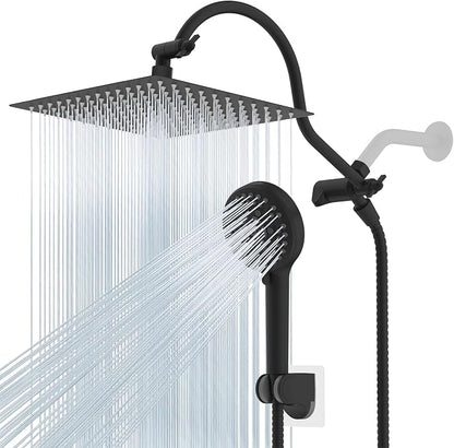 Hibbent 12'' All Metal CUPC Certified Shower Head, High Pressure Rainfall Shower Head, Handheld Showerhead Combo, 12'' Adjustable Extension Arm, 10-Spray, 71'' Hose, Showerhead Holder, Matte Black