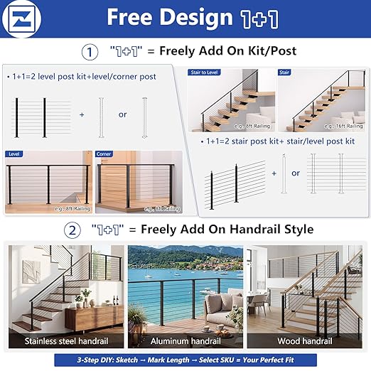 36" Modular 16-20FT Black T304 Stair Cable Railing Post Kit, Cable Railing System with 5 Stair Posts, 216ft 1/8" Wire Rope(No Handrail), Adjustable Length Easy DIY for 28-38° Stairway