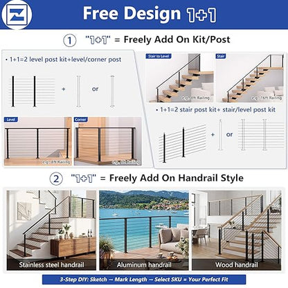 36" Modular 12-16FT Black T304 Cable Railing Post Kit, Complete Cable Railing System with 4 Level Posts & 177ft 1/8" Wire Rope(No Handrail), Adjustable Length Easy DIY for Decks/Porch
