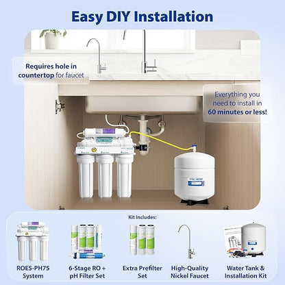 APEC Water Systems ROES-PH75 Essence Series Alkaline Mineral pH+ 75 GPD 6-Stage WQA Certified Ultra Safe Reverse Osmosis Drinking Water Filter System, with Extra High Capacity Pre-Filter Set Stage 1-3