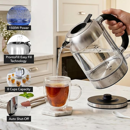 OVENTE Electric Kettle, 1.8L Tea Kettle and Hot Water Boiler For Coffee or Tea, Easy to Fill Lid, Auto Shut-Off, Borosilicate Glass with Stainless Steel Filter, 1500W, BPA Free, Silver KG71S
