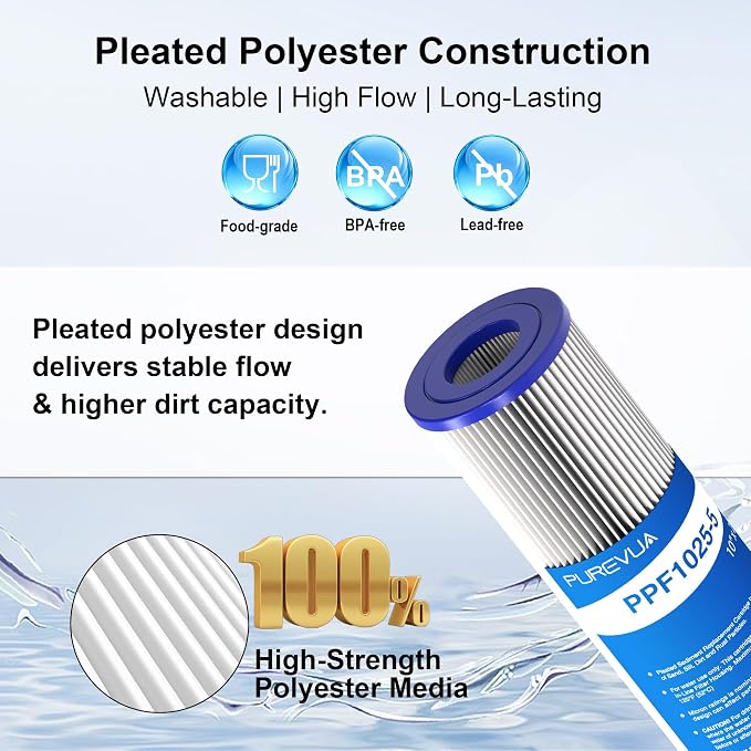 6-Pack 5 Micron Pleated Water Filter Cartridge, 10" x 2.5" Washable & Reusable PET Sediment Filter for Well Water & Whole House Pre-Filter, Compatible with WFPFC3002, WHKF-WHPL, AO-WH-PRE-RP2