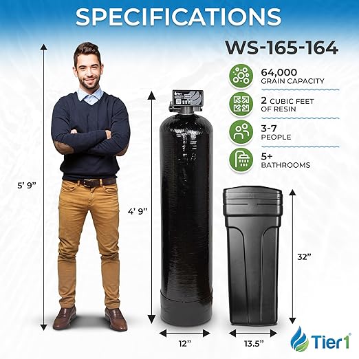 Tier1 Whole House Water Softener System 64000 Grain Capacity | High Efficiency Design with Ceramic Control Valve | Preloaded 2 Cubic Foot Resin Mineral Tank | Home Filtration System for 5 to 6 Baths