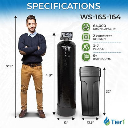 Tier1 Whole House Water Softener System 64000 Grain Capacity | High Efficiency Design with Ceramic Control Valve | Preloaded 2 Cubic Foot Resin Mineral Tank | Home Filtration System for 5 to 6 Baths