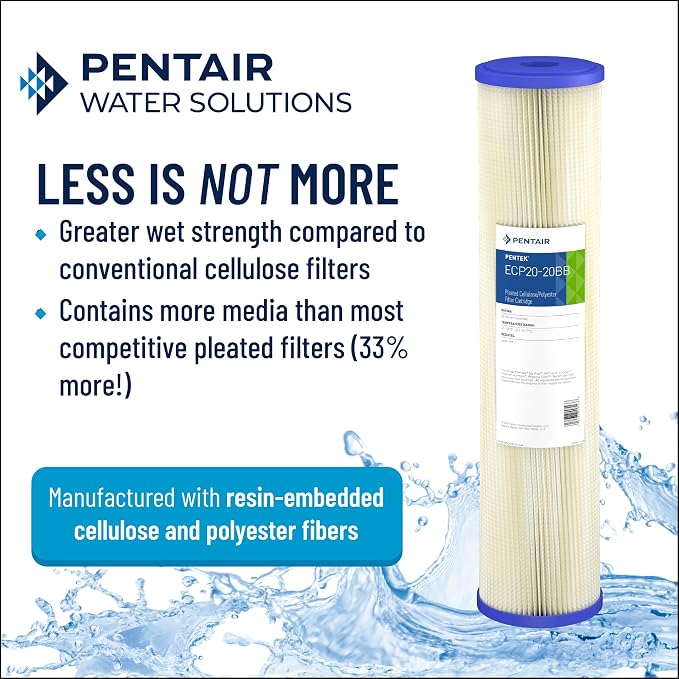 Pentair Pentek ECP20-BB Big Blue Sediment Water Filter, 10-Inch, Whole House Pleated Cellulose Polyester Cartridge, 10" x 4.5", Blue End-Cap, 20 Micron, Pack of 8