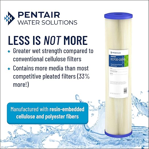 Pentair Pentek ECP5-20 Sediment Water Filter, 20-Inch, Whole House Pleated Cellulose Polyester Replacement Cartridge, 20" x 2.5", White End-Cap, 5 Micron