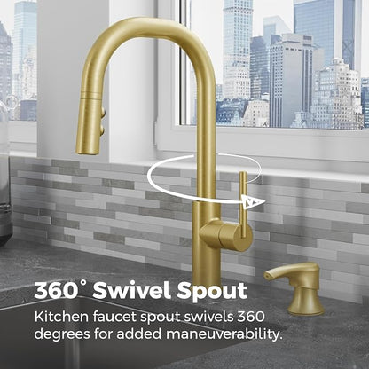 Pfister Zanna Kitchen Faucet with Pull Down Sprayer and Soap Dispenser, Single Handle, High Arc, NSF Certified, Brushed Gold Finish, F5297ZNRBG