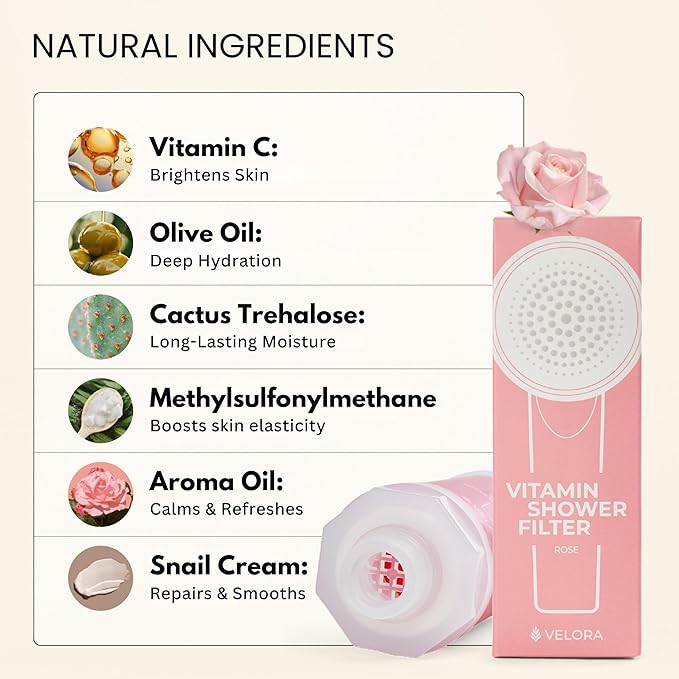 VELORA Vitamin C Shower Filter - Rose-Scented Aromatherapy Shower Water Filter and Softener - Universal Showerhead Bathroom Attachment - Replenish Dry Skin, Soften and Nourish Hair