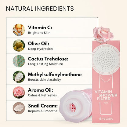 VELORA Vitamin C Shower Filter - Rose-Scented Aromatherapy Shower Water Filter and Softener - Universal Showerhead Bathroom Attachment - Replenish Dry Skin, Soften and Nourish Hair