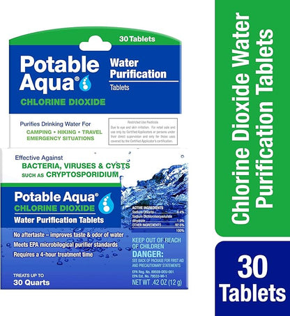 Potable Aqua Chlorine Dioxide Water Purification Tablets - 30 Count & Water Purification Tablets with PA Plus - Two 50 Count Bottles