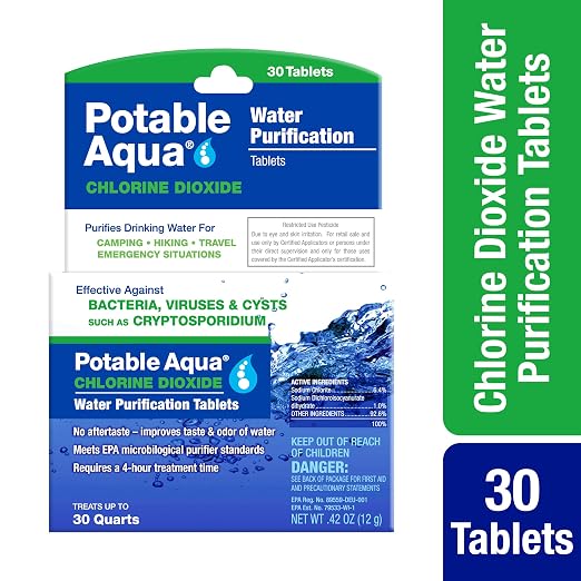 Potable Aqua Chlorine Dioxide Water Purification Tablets - 30 Count & Two 50ct Bottles